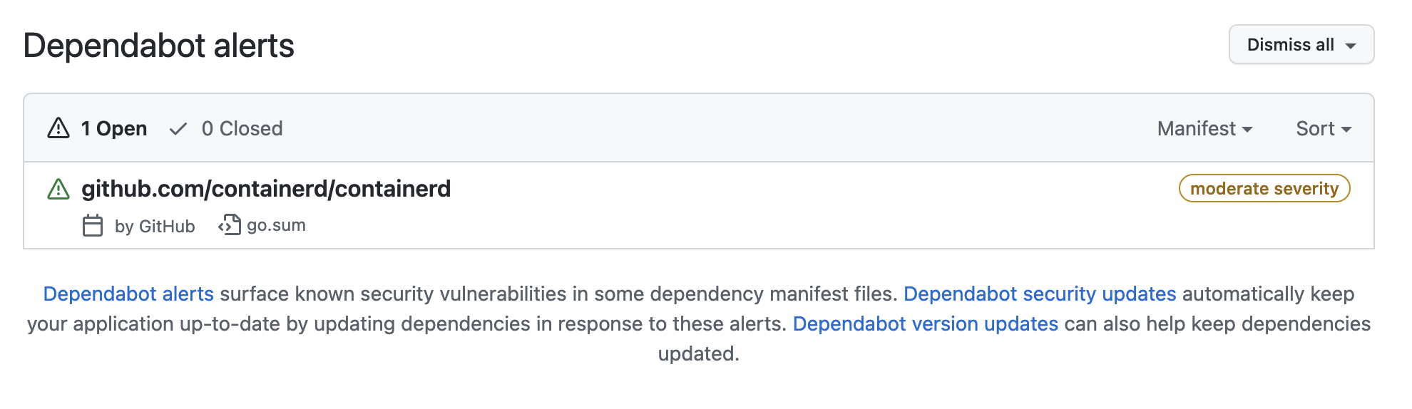 Screenshot of Dependabot alerts